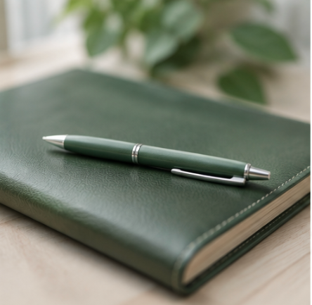 Green pen on notebook