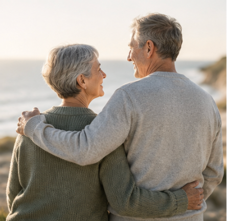 Older couple smiling & hugging with scenic background