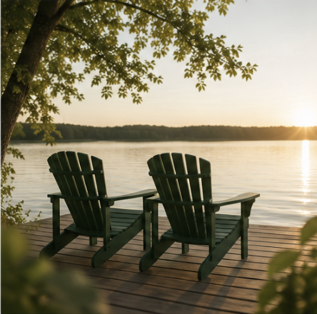 2 chairs on a dock facing the water & sunset