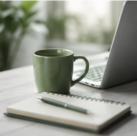 Coffee cup with notebook & computer