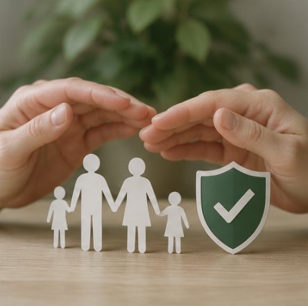 2 hands over paper cut-out of a family with a shield