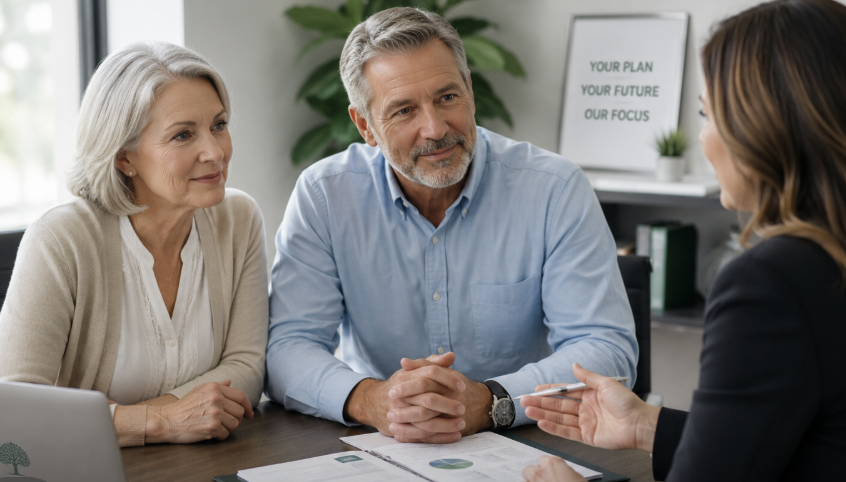 Retired couple talking to an advisor
